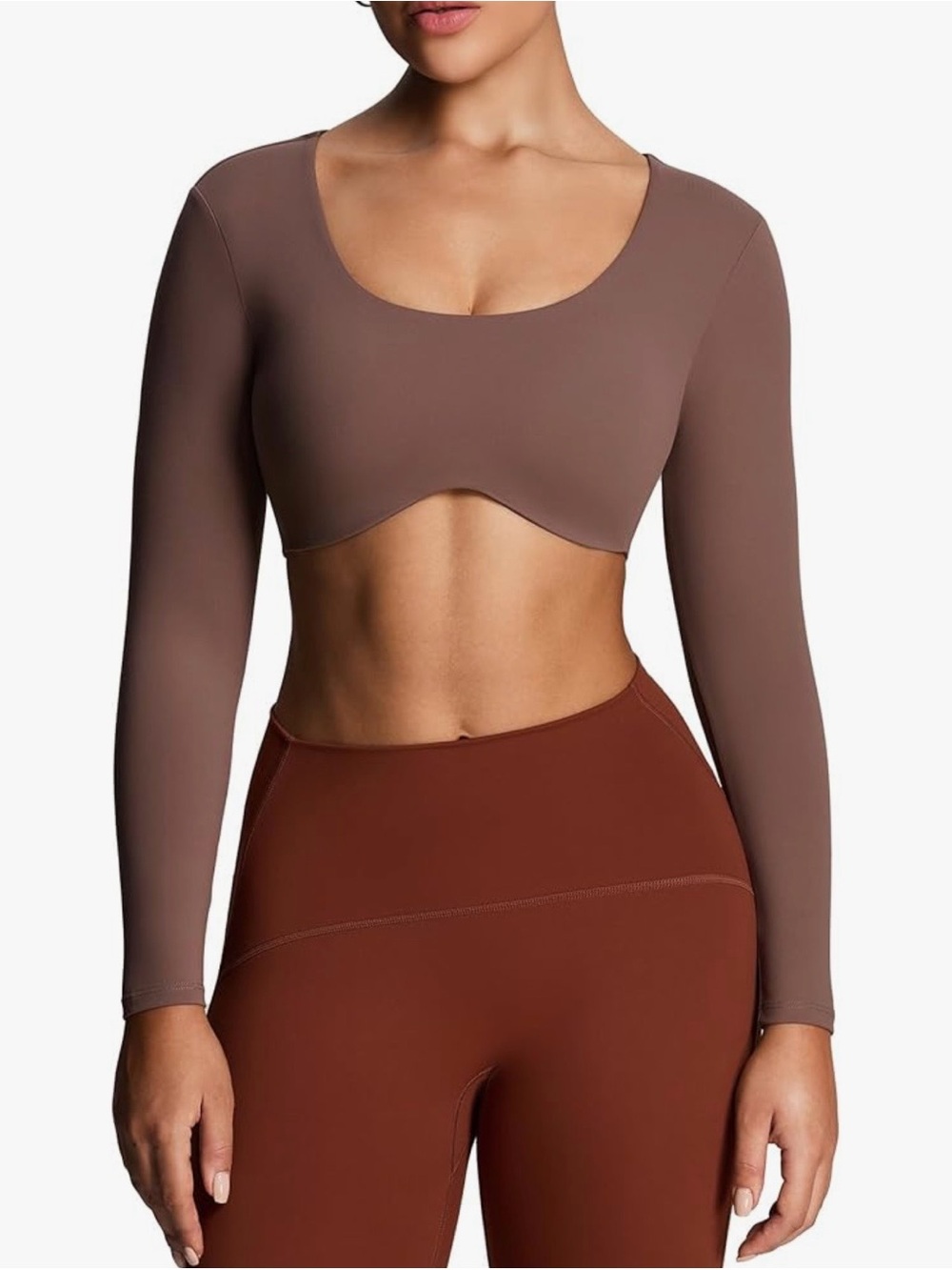 NWOT Long-Sleeve Cutout Crop Fudge Coffee Womens Yoga Athletic Sexy Top - Large